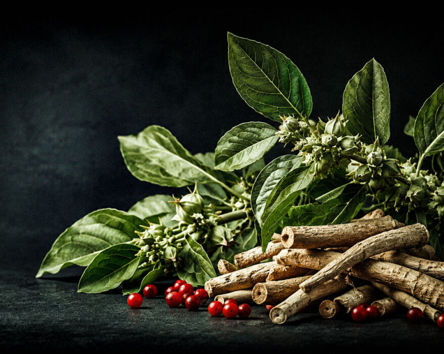 Ashwagandha (Withania somnifera) plant with green leaves, red berries, and medicinal roots on a black background.