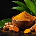 Premium Turmeric (Curcuma longa) roots with a wooden bowl of turmeric powder and fresh green leaves on a black background.
