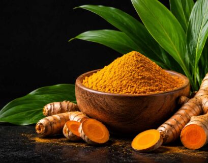 Premium Turmeric (Curcuma longa) roots with a wooden bowl of turmeric powder and fresh green leaves on a black background.