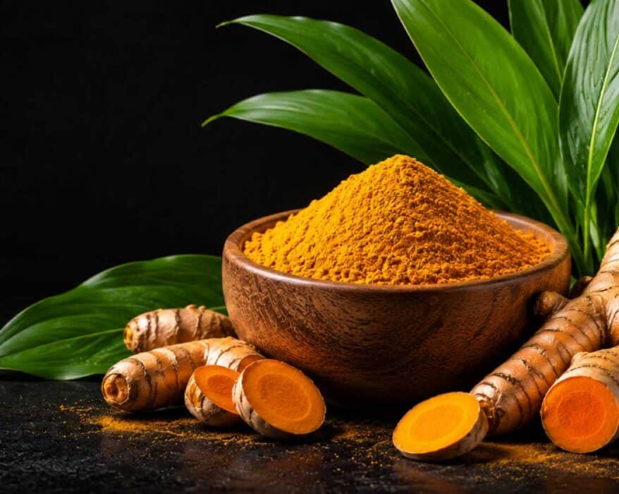 Premium Turmeric (Curcuma longa) roots with a wooden bowl of turmeric powder and fresh green leaves on a black background.